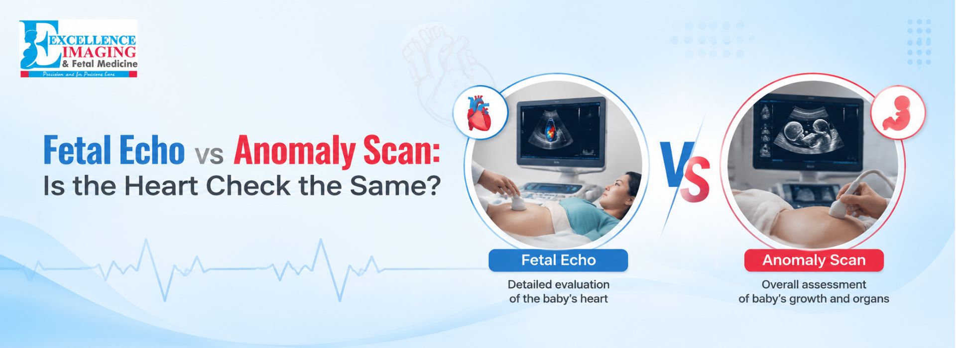 Fetal Echo vs Anomaly Scan medical banner showing a pregnant woman undergoing ultrasound, comparing detailed evaluation of the baby’s heart with overall assessment of fetal growth and organs.