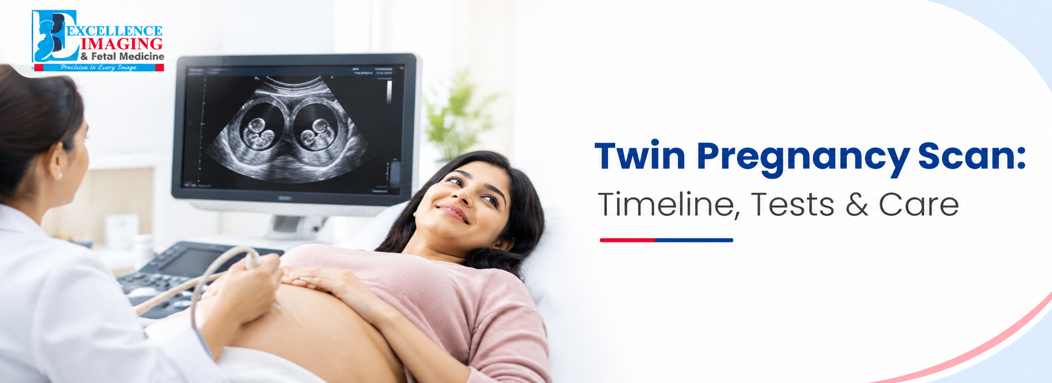 Twin pregnancy scan banner showing an obstetric ultrasound examination used to monitor two babies, their growth, placenta and amniotic fluid throughout pregnancy.
